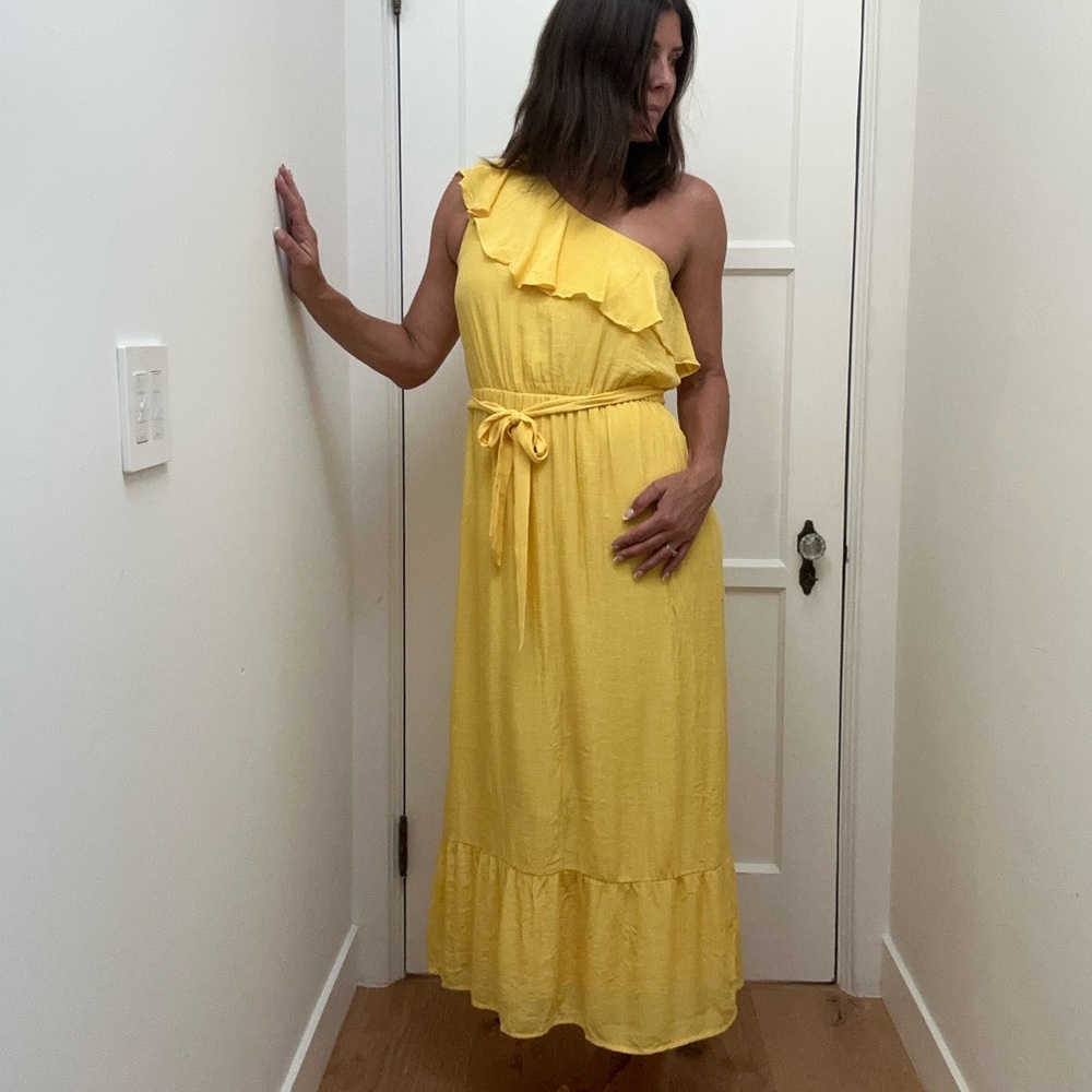 Tacera Yellow One-Shoulder Dress with Ruffle Detail